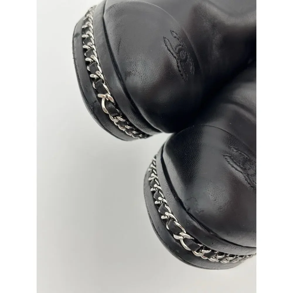 Chanel Interlocking CC Logo Platform Ankle Boots Black Leather Size 38 / 8 Chain